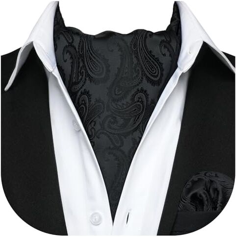 HISDERN Ascot Uomo Seta Nero Motivo Cachemire Elegante Cravatta Ascot e Fazzoletto da Taschino Formale Foulard Fazzoletto da Collo Uomo