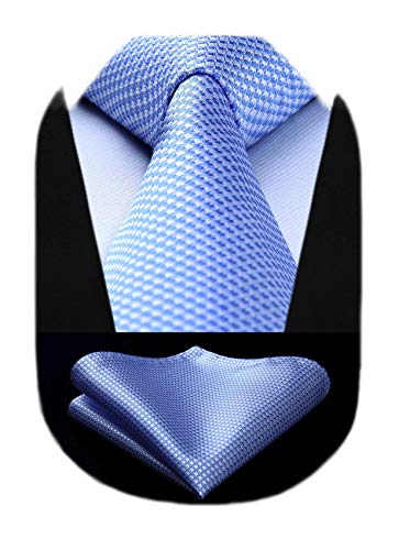 HISDERN Cravatte uomo Azzurro e bianco da matrimonio e Fazzoletto Cravatte fantasia plaid elegante classica business cravatta set