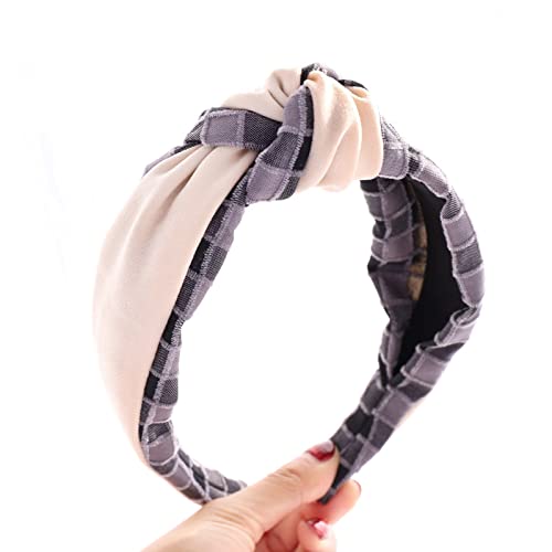 Generic Korean version of autumn and winter new hair hoop plaid fabric stitching middle knot headwear hairpin trend female hairpin R, gray large plaid + beige stitching middle knot headband