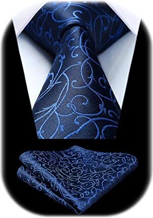 HISDERN Cravatta Blu Navy Paisley Cravatta Uomo Elegante Set Cravatte Seta e Fazzoletto da Taschino Classiche per Matrimonio Festa Lavoro