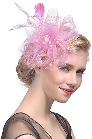 Anmain Piume Fascia Capelli Donna Fiore Fasce Capelli Mesh Fascia Capelli Cocktail Headwrap Headwear Cerimonia Festa Fermagli Mollette Capelli Copricapo Vintage Headband Accessori (rosa)