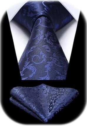 HISDERN Cravatta Blu Navy Paisley Cravatta Uomo Elegante Set Floreale Cravatte Seta e Fazzoletto per Matrimonio Festa Lavoro