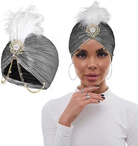 Bohend Fiore strass turbante Cap Berretto con perle vintage Bonnet pieghettato pre-legato Donne Spilla Piuma Copricapo Cappello (argento)