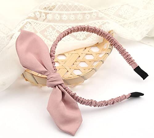 Generic Accessori Cerchietto tutto-fiammifero orecchie di coniglio accessori per capelli neri pizzo fiocco fascia per capelli che esce premendo forcina copricapo semplice femminile, rosa plissettato