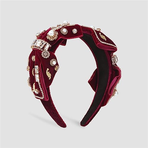 Youllyuu Moda strass fiore perla fascia ampia lato superiore nodo solido fascia per capelli turbante accessori per capelli per le donne vino rosso 1