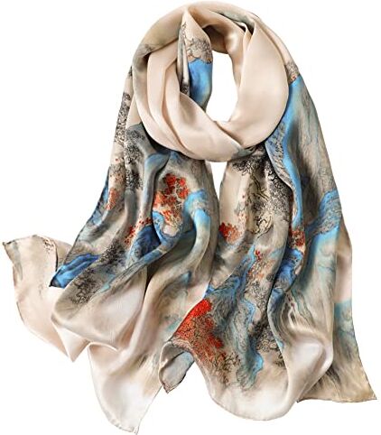 STORY OF SHANGHAI Sciarpa di 100% Seta Charmeuse da Donna Foulard a Raso con Fantasie Orientale,Pittura di Paesaggio,53x170cm