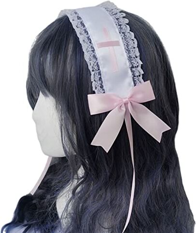 Generic MayDONG Fascia in pizzo con volant rosa con fiocco lungo con fiocco e splendidi guanti Lolita per capelli, accessorio Lolita