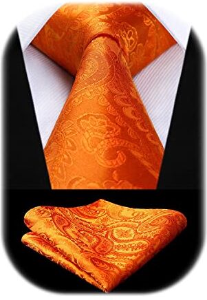 HISDERN Cravatta Arancione Paisley Cravatta Uomo Elegante Set Cravatte Seta e Fazzoletto da Taschino Classiche per Matrimonio Festa Lavoro