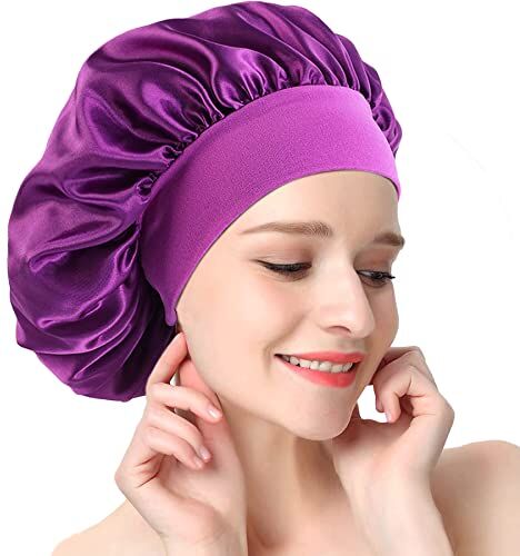 AONAT Berretto da Notte Raso, Seta Cuffia per Capelli con Elastico a Banda Larga, Grande Cuffia da Notte, Dormire Cappello Protezione dei Capelli, Donna Cuffia Capelli Ricci Notte Bonnet (Viola)