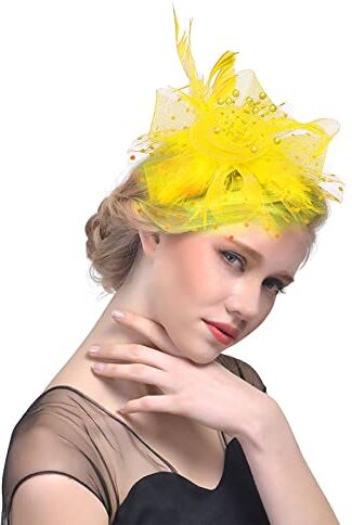 Generic Cappello da donna, fascia per tè e feste, per matrimoni, cocktail, piume, clip per capelli da uomo (giallo, taglia unica)