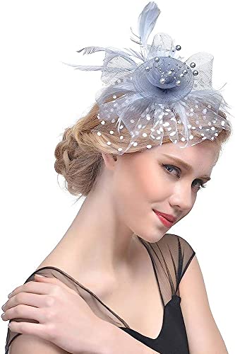 QUNINE Fascinators in rete per le donne Cappello da tè per feste Cappelli Fiore Maglia di piume Fascia per capelli Festa nuziale Fascia per fiori di piume bianche (Colore : Khaki, Taglia : One Size) (Grey