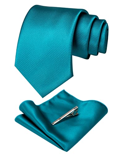 JEMYGINS Cravatta Uomo blu pavone in Seta Formali Matrimonio Riunirsi Occasioni Multicolore con Fazzoletto e Fermacravatta