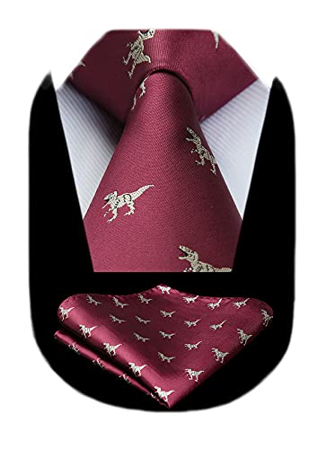 HISDERN Cravatte uomo Borgogna Fazzoletto fantasia dinosauro Cravatta da matrimonio business elegante cravatta set
