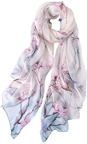 STORY OF SHANGHAI Sciarpa di 100% Seta da Donna Foulard Chiffon con Fantasie Orientale Semi-Trasparente, Bianco con Fiori Rosa