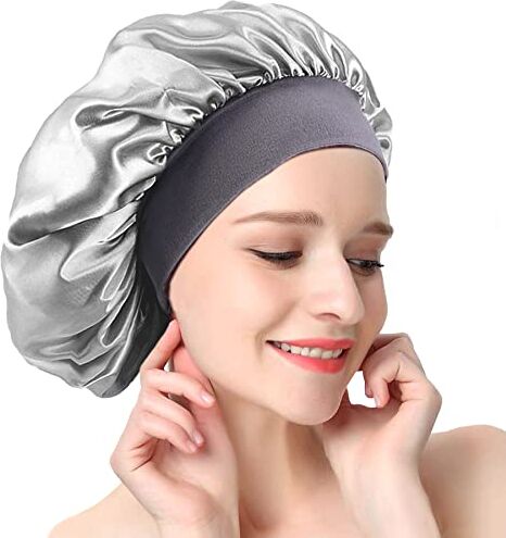 AONAT Berretto da Notte Raso, Seta Cuffia per Capelli con Elastico a Banda Larga, Grande Cuffia da Notte, Dormire Cappello Protezione dei Capelli, Donna Cuffia Capelli Ricci Notte Bonnet (Argento)