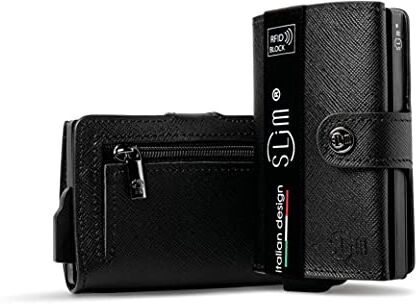 SLim Porta Carte di Credito Schermato Portafoglio Uomo Rfid Portatessere Anticlonazione Donna Portacarte Uomo (Saffiano Nero, Con Zip)