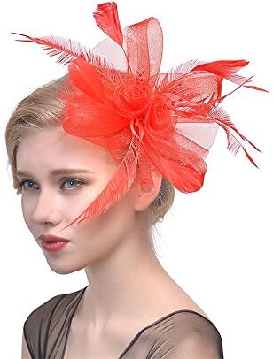 Generic Fascinators Cappellino da matrimonio, con motivo a fiori, in rete, con piume, fascia per capelli (rosso)