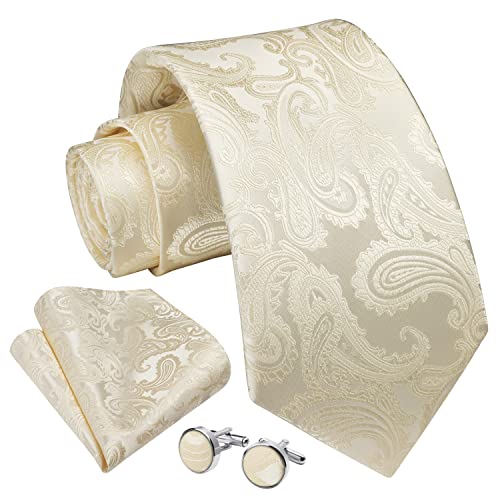 Enlision Cravatta Uomo Beige Elegante Set Cravatta e Fazzoletto Gemelli Cravatta Paisley Matrimonio Festa Cravatta e Pochette Tinta Unita Floreale