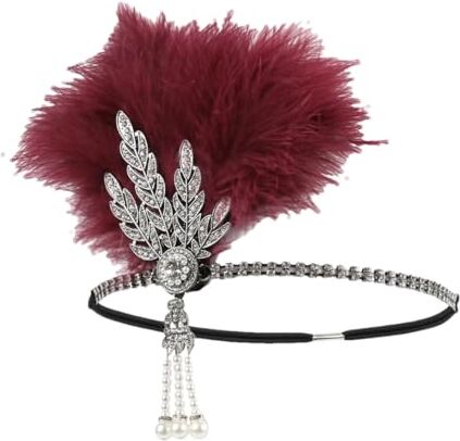 Pohullan Accessori per capelli da donna anni '20 Flapper fascia piuma copricapo foglia perla elastici per capelli, B, taglia unica