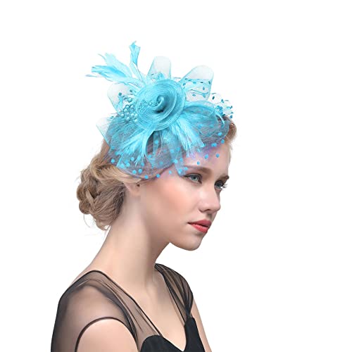 Generic Cappello da donna, fascia per tè e feste, matrimonio, cocktail, piume in rete, fermaglio per capelli da uomo (blu cielo, taglia unica)