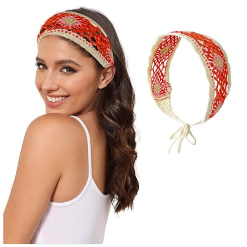 Generic Fasce per capelli da donna, stile hippie, bandana, cravatta indietro, fascia per capelli in maglia, per ragazze, fasce larghe con motivo floreale all'uncinetto, Bcr451 (rosso, taglia unica)