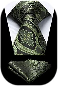 HISDERN Cravatta Uomo Elegante e Fazzoletto Cravatta Verde Oliva Paisley Set Cravatte Seta Floreale per Matrimonio Festa Lavoro