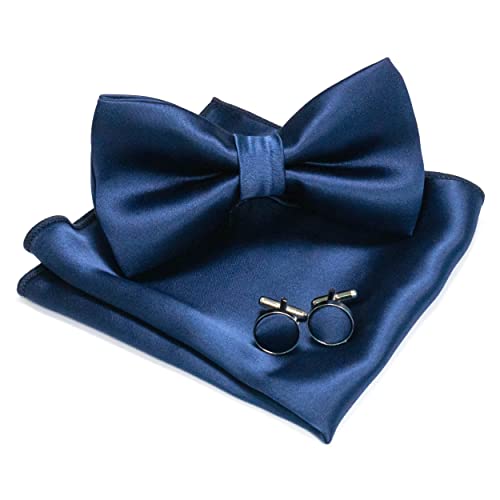 JEMYGINS Papillon da uomo blu scuro 4 papillon in raso e fazzoletto da taschino con gemelli