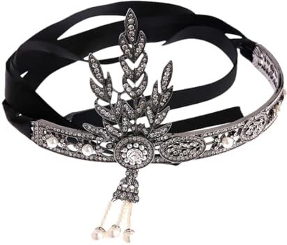 Pohullan Accessori per capelli anni '20 da donna piuma copricapo flapper sposa strass festa matrimonio fascia, nero, taglia unica