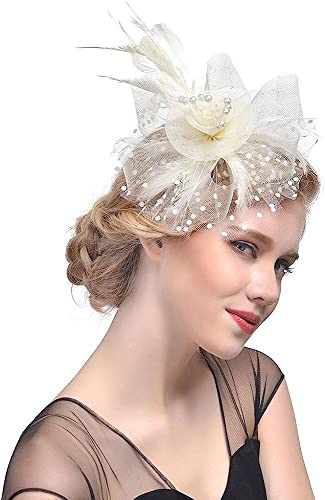 QUNINE Fascinators in rete per donne Cappello da tè per feste Cappelli Fiore Maglia di piume Fascia per capelli Festa nuziale Fascia per fiori di piume bianche (Colore : Khaki, Dimensioni : One Size) (Khak