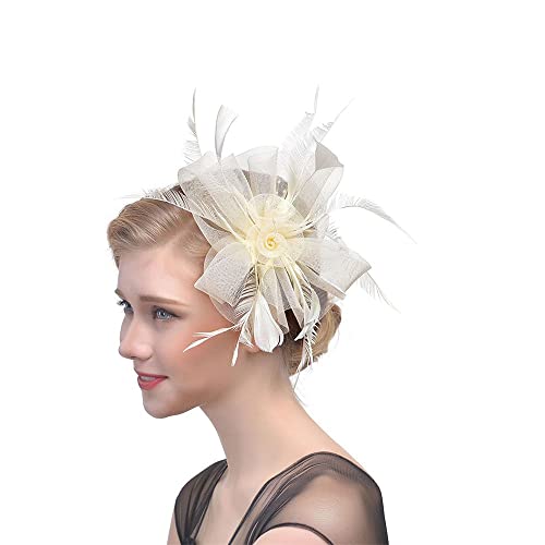 Generic Fascinators Cappello a cilindro per matrimonio con Alice con fiore in rete, per capelli, con piume, fascia per capelli (beige)
