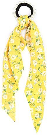 OMICE Elastico per capelli da donna, in chiffon, con stampa floreale, per coda di cavallo, sciarpa, fascia per capelli lunga (fiore, giallo)