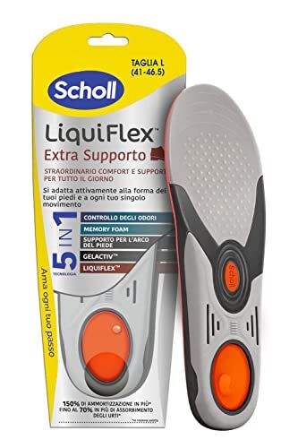 Scholl Liquiflex Extra Supporto, Solette Regolabili Anti-Odore in Memory Foam con Tecnologia 5 in 1 per Scarpe da Lavoro, Stivali e Scarpe Antinfortunistiche, Taglia L (41-46.5) Rosso