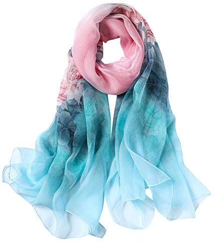 STORY OF SHANGHAI Sciarpa di 100% Seta da Donna Foulard Chiffon con Fantasie Orientale Semi-Trasparente, Rose su Rosa e Celeste