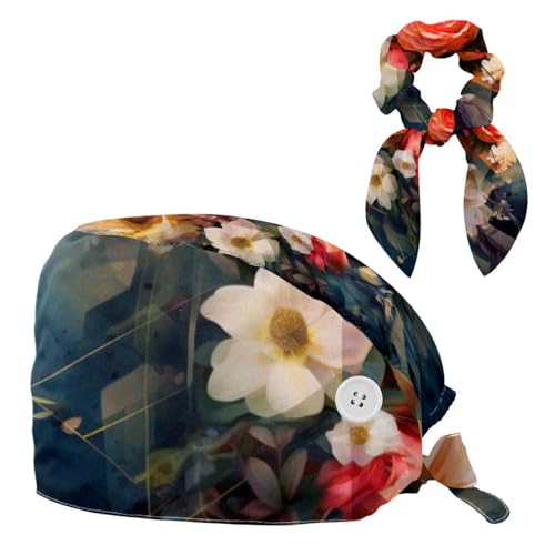 FVQL Set di 1 cappello da infermiera regolabile con elastico per capelli, motivo floreale, Colore 55, taglia unica