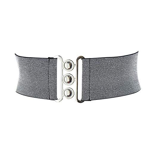 FASHIONGEN Cintura donna 7,50 cm larga e Elastica, fatto in Francia, GLORIA Nero con lurex argento (Fibbia argento), Large/pantaloni da 40 a 43