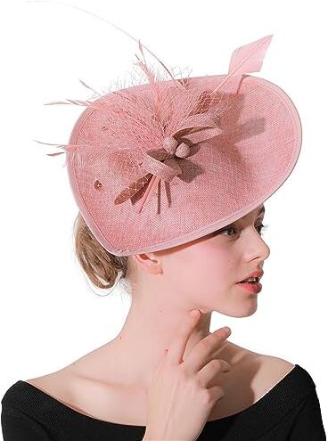 GIBZ Fascinator per Capelli Tesa Larga da Donna Elegante Fascia Tea Party Cappello con Copricapo da Sposa in Piuma a Rete, Rosa Scuro