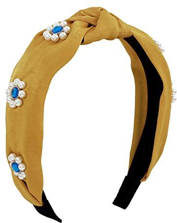 Antique Strass solido colore finta perla Hairband elegante tessuto ampio annodato Hair Hoop per le donne ragazze (giallo)