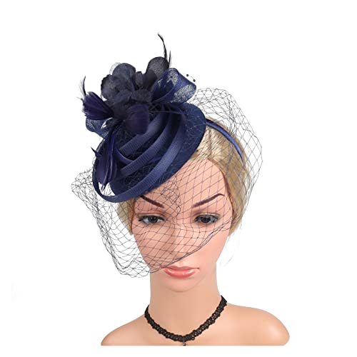 MAYNUO Cappello da donna fatto a mano con piuma floreale for capelli Fascinator, accessori for fascia derby, copricapo da cocktail da sposa (Color : Navy, Size : 1)