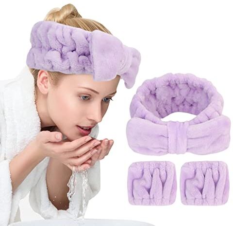 UNIMEIX 3 Pack  and Wrist Washband Face Wash Set,Reusable Soft Makeup Headband Fleece Skincare Headband for Washing Face Shower (Loose Purple)