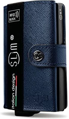 SLim Porta Carte di Credito Schermato Portafoglio Uomo Rfid Portatessere Anticlonazione Donna Portacarte Uomo (Saffiano Blu, Senza Zip)