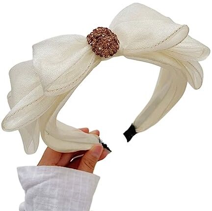 MOIKEN Forcine Capelli Donna Mesh Double-layer Bow Diamond Headband Fashion Hair Accessories Trend Temperament Hairband (Color : Beige)