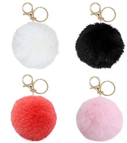 ZXM Pompon in finto peluche con 4 pompon fai da te in peluche volpe, con fiocco elastico e 2 portachiavi per cappelli, scarpe, sciarpe, borse, accessori per maglieria, bianco, rosa, rosso, nero