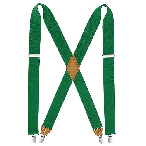 HISDERN Bretelle elastiche da uomo con bretelle a 4 clip molto resistenti, bretelle regolabili X stile Verde