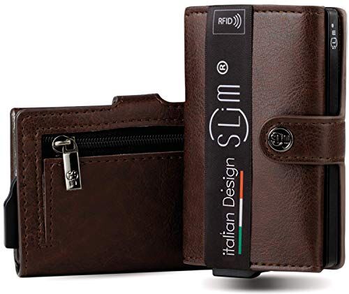 SLim Porta Carte di Credito Schermato Portafoglio Uomo Rfid Portatessere Anticlonazione Donna Portacarte Uomo (Marrone PU, Con Zip)