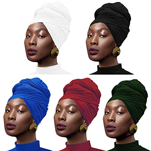 MOFASVIGI 5 Pezzi Stretch Jersey Turbante Testa Wrap Knit Headwraps Urban Capelli Sciarpa Tinta unita Ultra Soft Extra Lunga Traspirante Fascia Testa Cravatta per le Donne