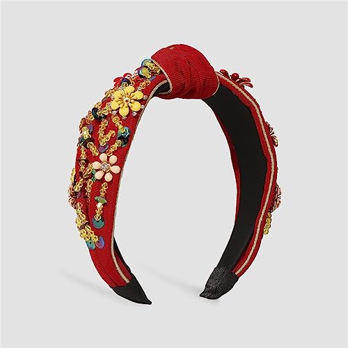 Youllyuu Moda strass fiore perla fascia ampia lato superiore nodo solido fascia per capelli turbante accessori per capelli per le donne rosso