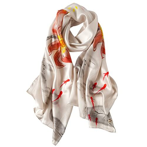 STORY OF SHANGHAI Sciarpa di 100% Seta Charmeuse da Donna Foulard a Raso con Fantasie Orientale. metallizzato