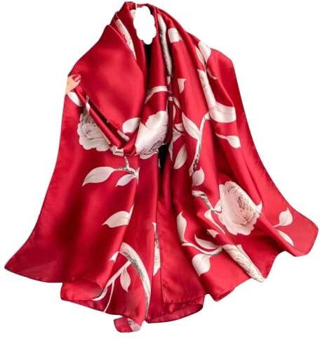 WEIGEER Sciarpa di seta da donna scialle di loto sciarpa da collo sciarpa lunga avvolgente sciarpa Painting Bridal Shawl Chiffon Scarf Muslim Colorful Cloth floral silk scarf Chain (Fiore Rosso)