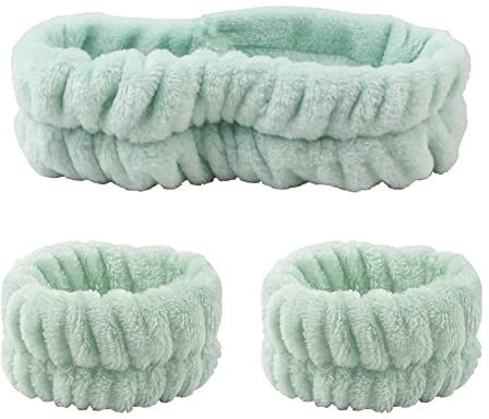 SHANGMAOYO 3 pezzi Spa fascia da polso washband set, morbido piallo corallo spa trucco facciale cerchi, fascia sudore polso, fascia per il viso di lavaggio per donne (verde)