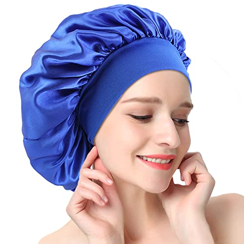 AONAT Berretto da Notte Raso, Seta Cuffia per Capelli con Elastico a Banda Larga, Grande Cuffia da Notte, Dormire Cappello per Donne Ragazza Capelli Ricci Cura (Blu)